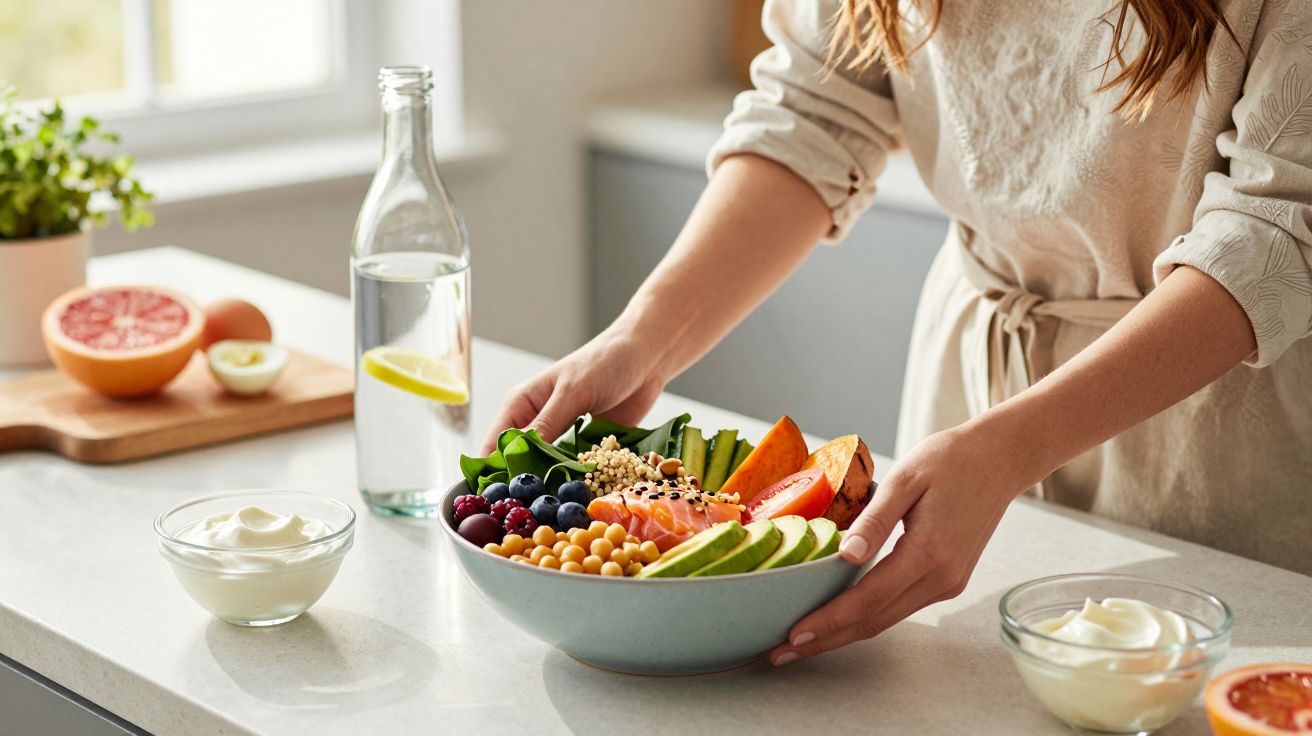 Person holding a bowl of fresh salad with chickpeas, avocado, berries, and vegetables on a kitchen counter.