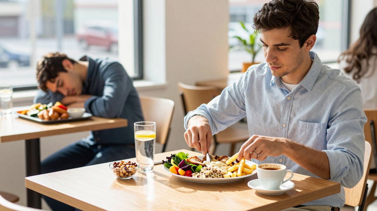 Man in light blue shirt eating meal with salad and fries while another man sleeps at nearby table in café.