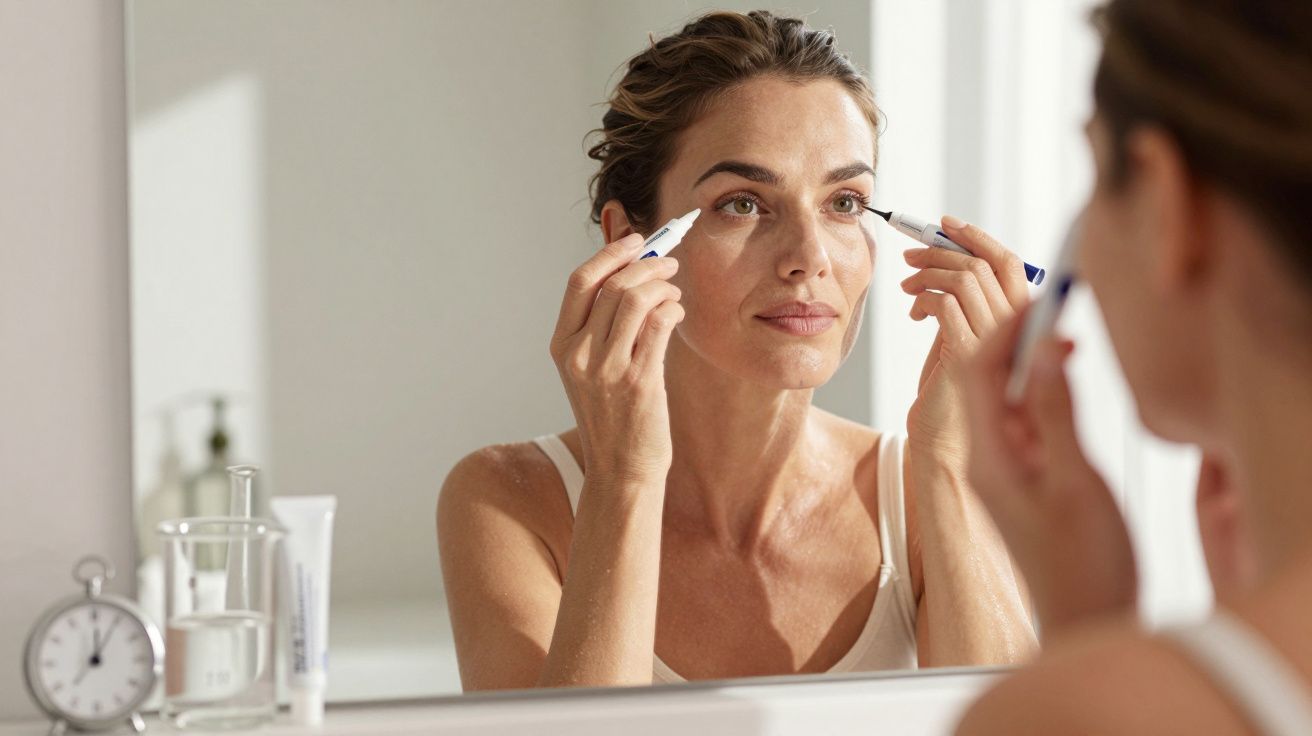 Woman applying eye cream on under-eye area while looking into a bathroom mirror