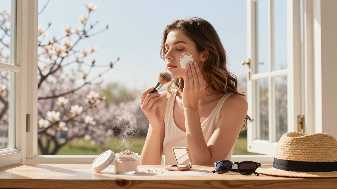Young woman applying face powder with a brush by an open window with blooming trees outside.