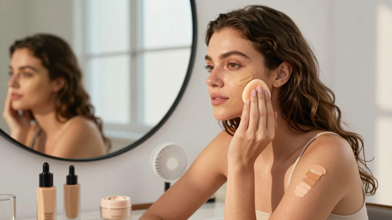 Woman applying foundation with a sponge, testing different shades on her shoulder in front of a mirror.
