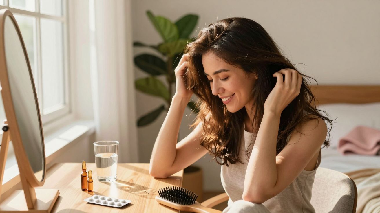 Young woman smiling and touching hair while sitting at a wooden vanity with a mirror and hairbrush.