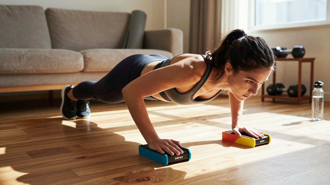 Woman doing push-ups using colourful hand grips on wooden floor in sunlit living room.
