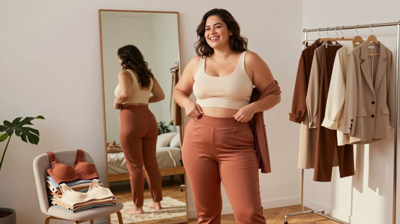 Plus-size woman smiling and trying on brown trousers in a stylish bedroom with a clothing rack and mirror.