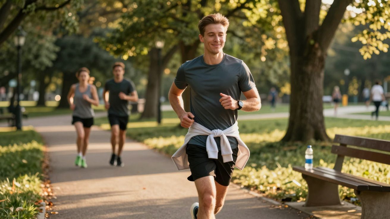 Young man jogging on a park path with two other runners in the background on a sunny day.