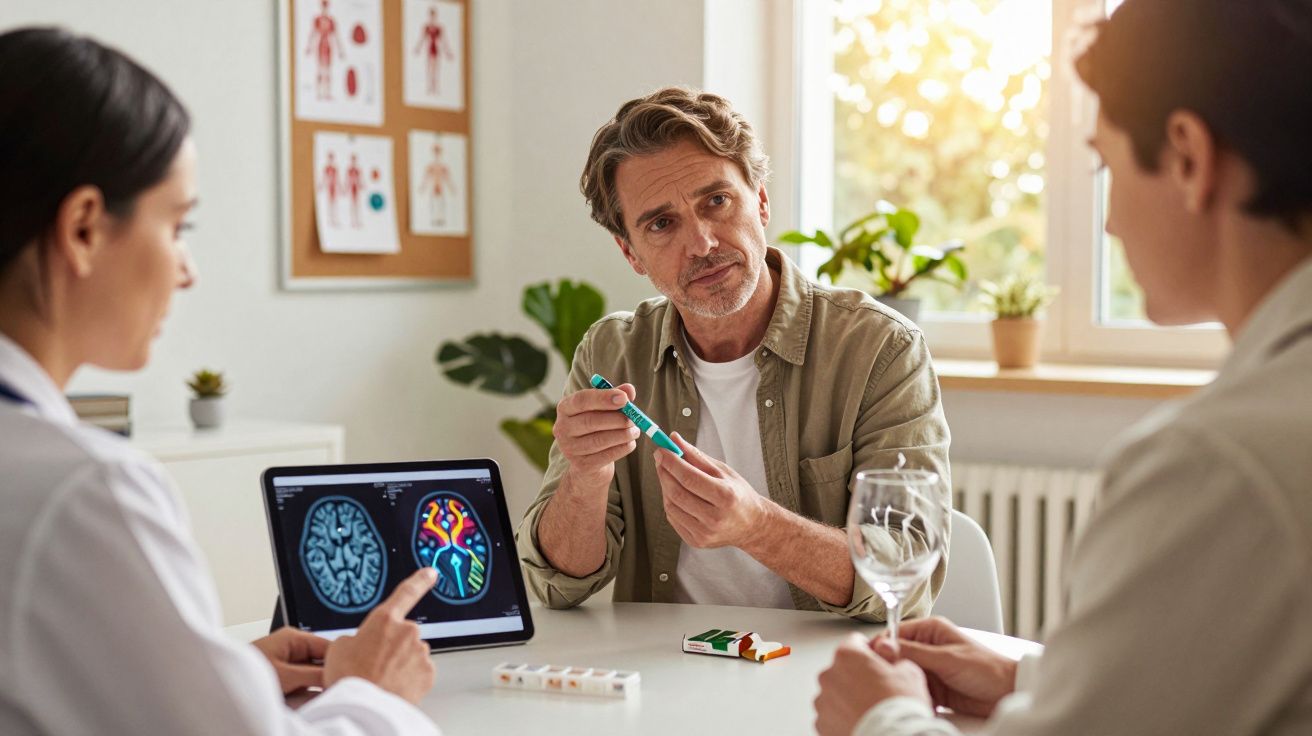 Doctor explaining brain scans to patients in a medical consultation room with natural light.