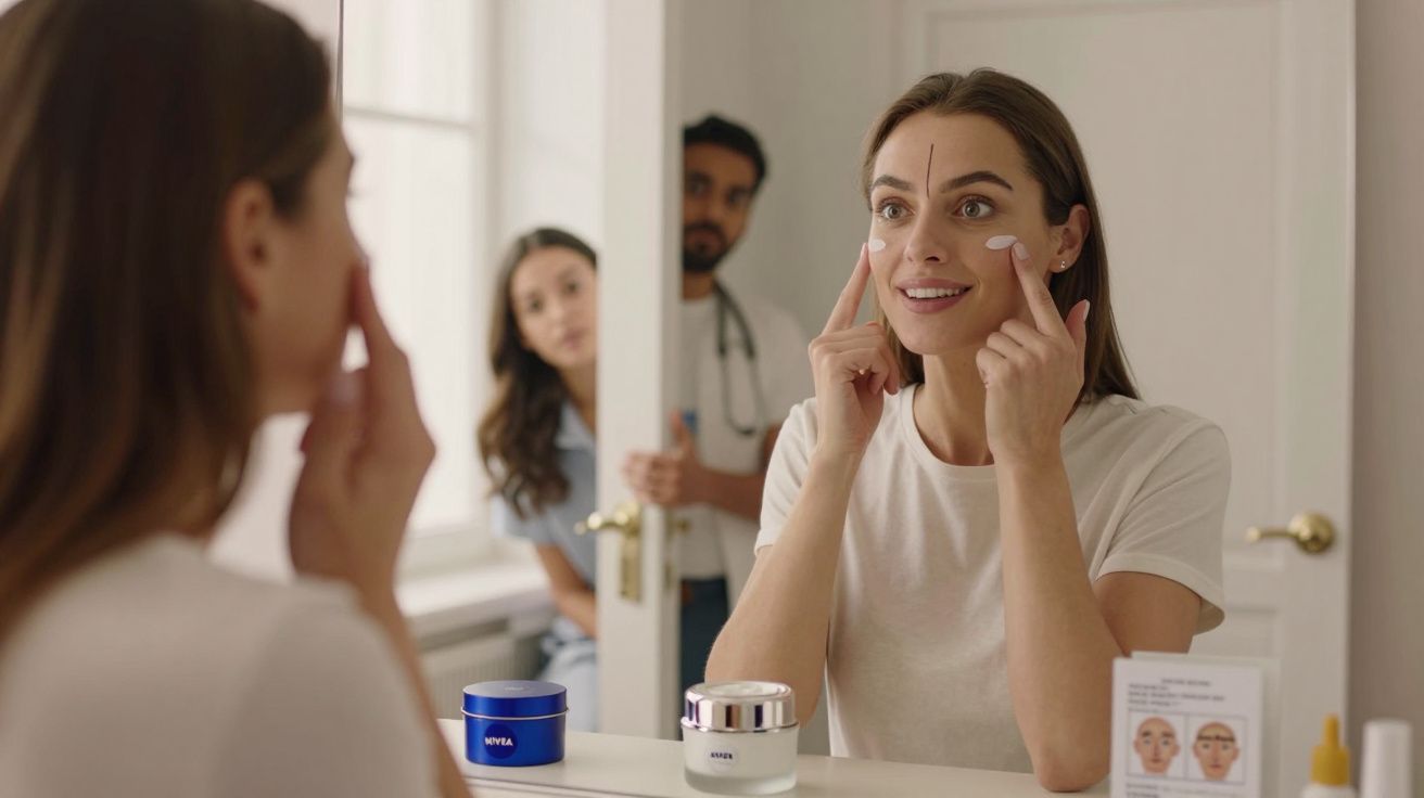 Woman applying facial cream with two people observing from the doorway in a bright bathroom.