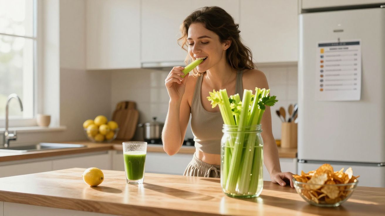 Woman in kitchen enjoying fresh celery with green juice, lemon, and bowl of chips on wooden countertop.