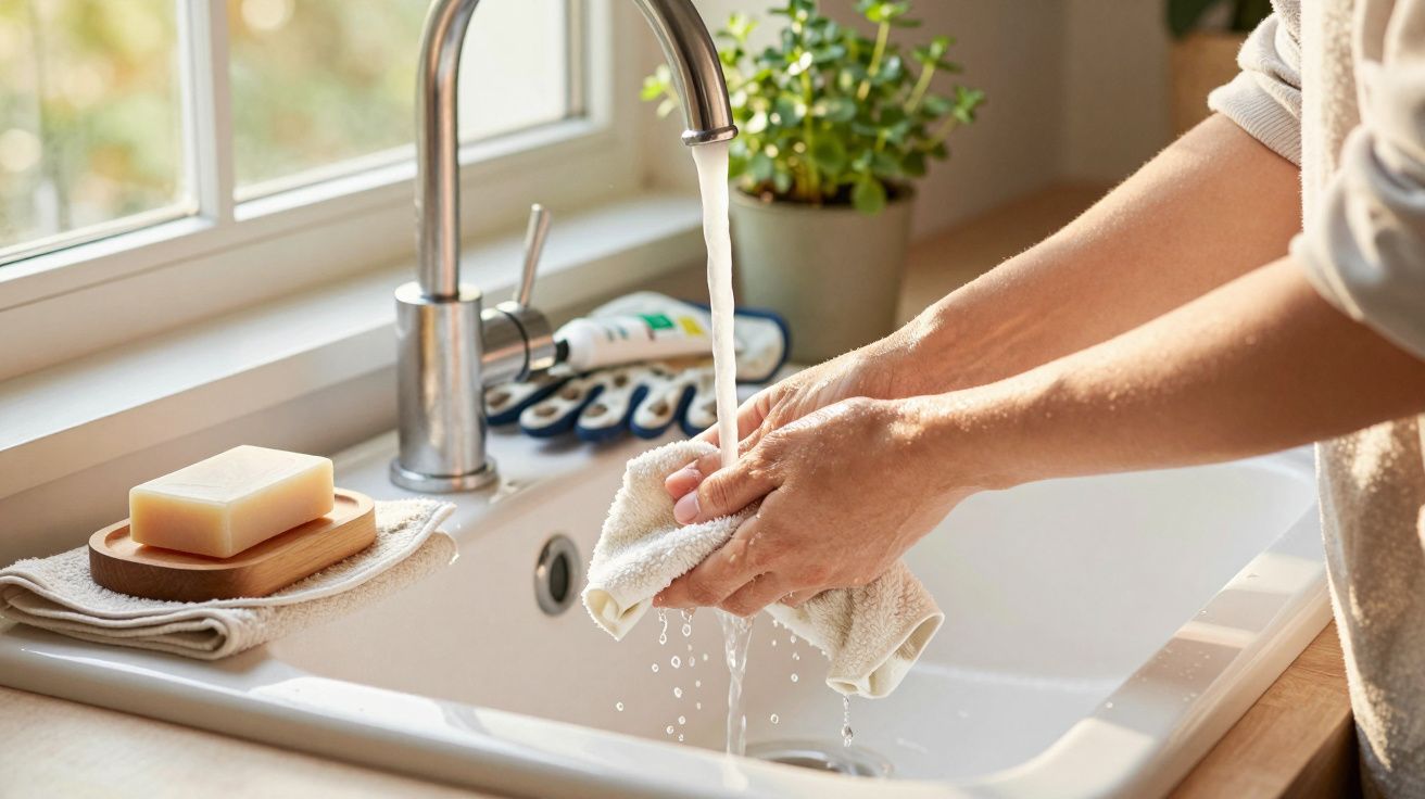 Person washing hands under running water at a kitchen sink with soap and a potted plant nearby.