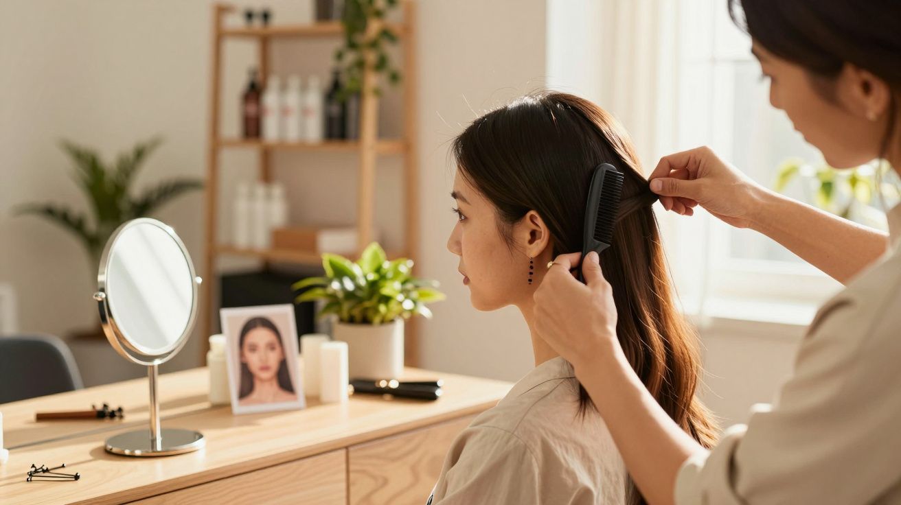 Person combing another's long hair in a bright room with a mirror and plants on a wooden dresser.