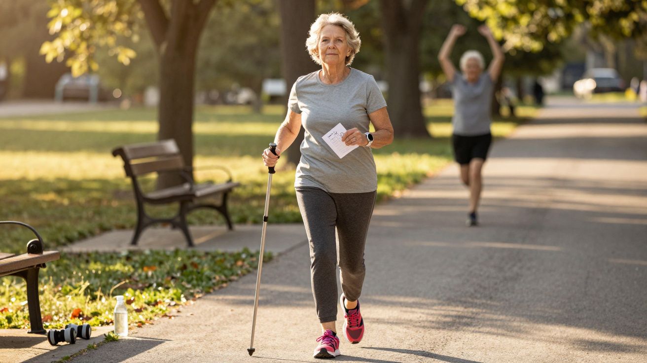Older woman walking with a trekking pole in a park on a sunny day, another person jogging in the background.