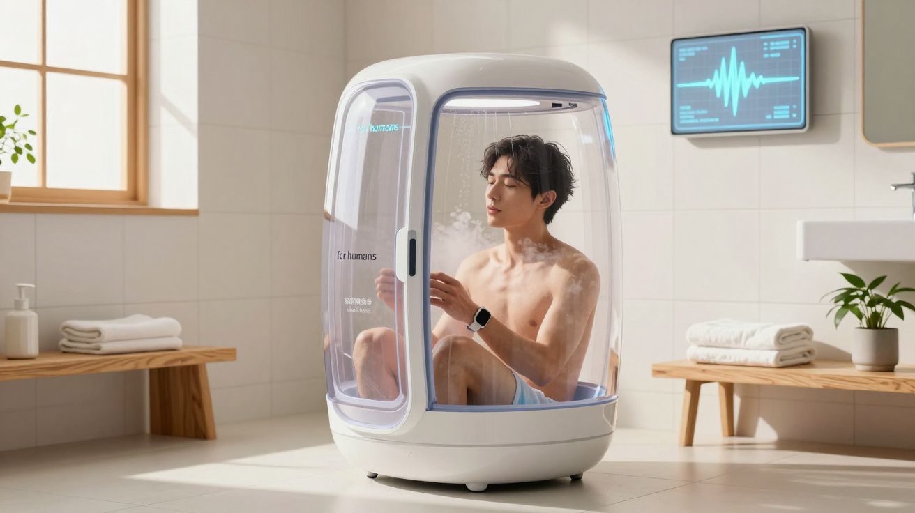 Young man relaxing inside a futuristic personal steam or sauna pod in a bright, modern bathroom.