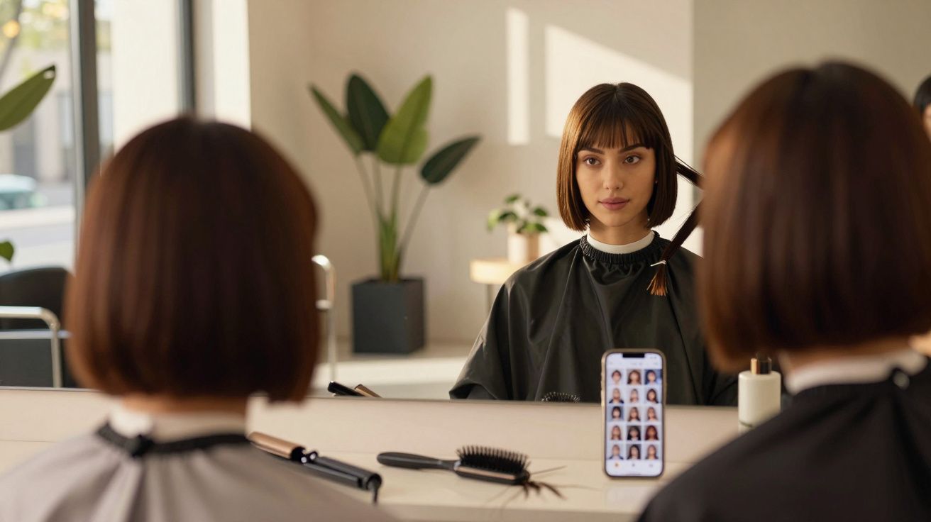 Woman with a bob haircut sits in a salon chair, looking at her reflection while choosing hairstyles on a phone.