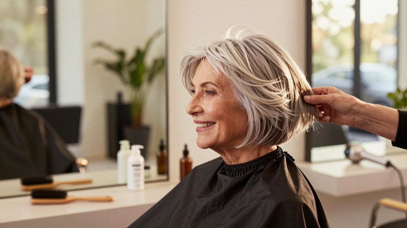 Older woman with short grey hair smiling while getting a haircut in a salon.