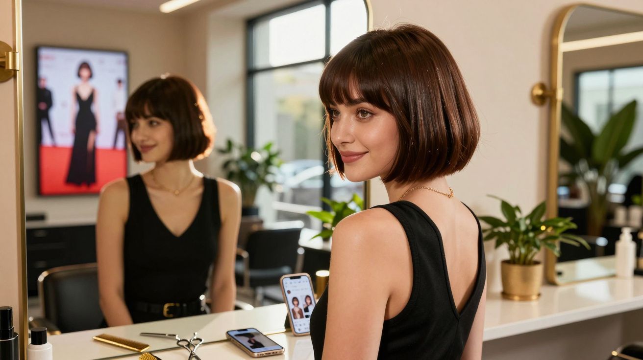 Young woman with short brown hair wearing a black dress sitting at a vanity mirror in a bright room.