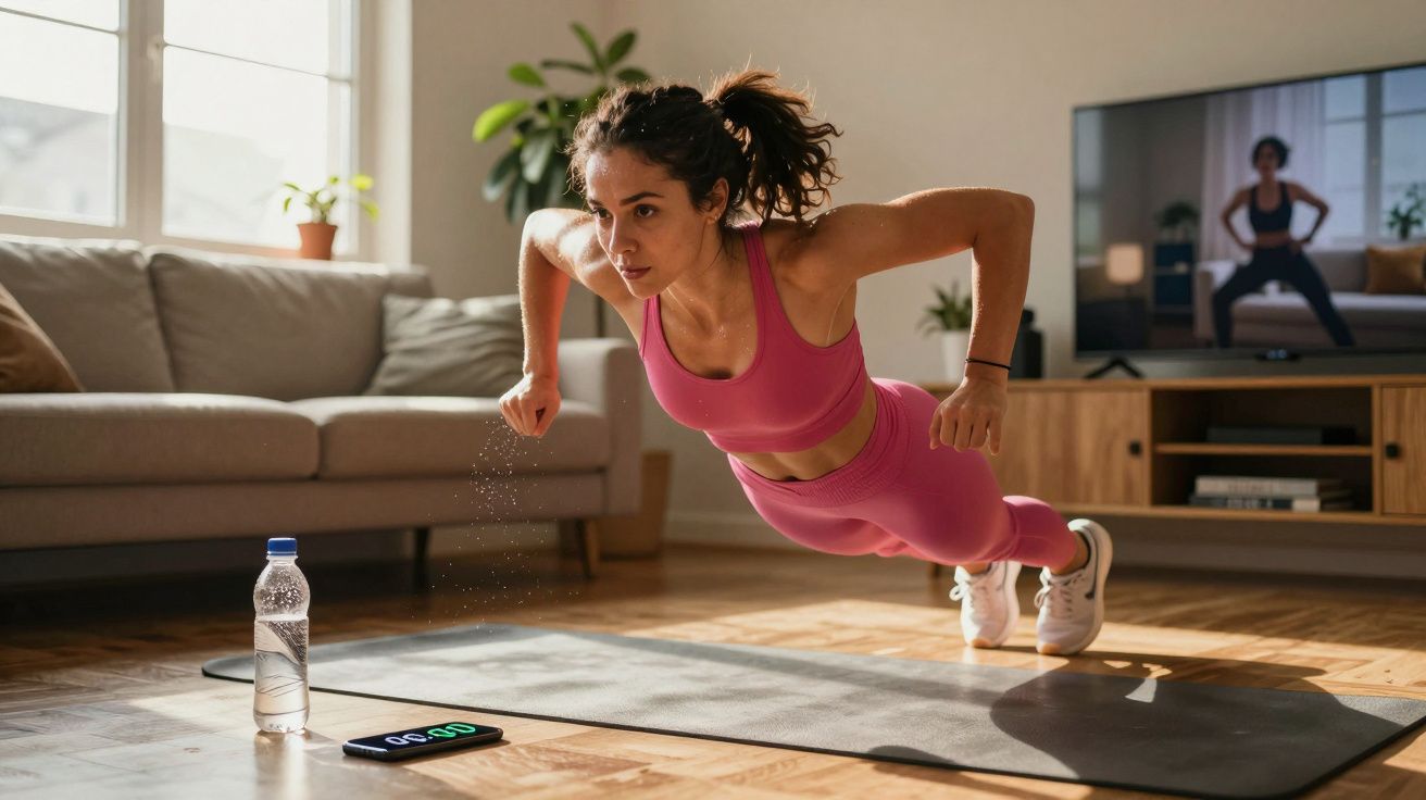 Woman in pink workout clothes doing push-ups on a mat at home following a fitness video on TV.