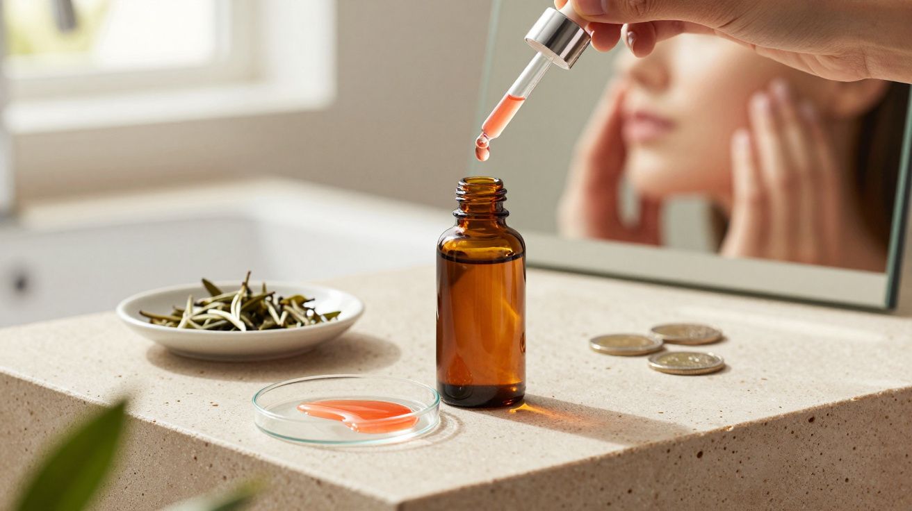 Amber glass dropper bottle dispensing serum with woman applying skincare in mirror reflection.
