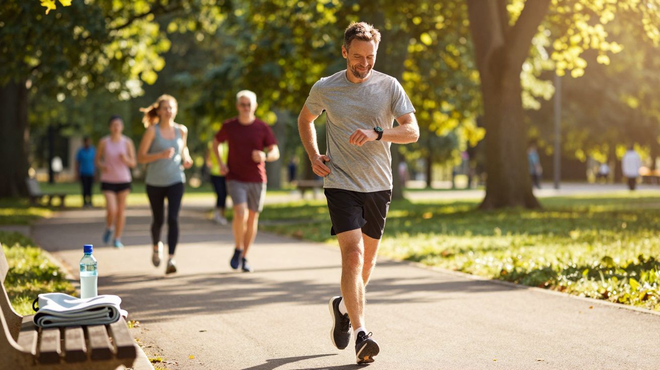 Group of people jogging on a sunny park path, with a man in grey and black running in the foreground.