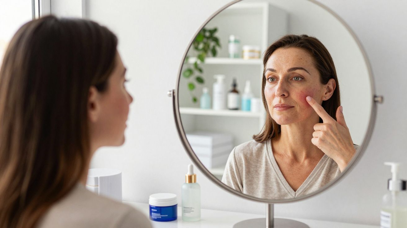 Woman examining red rash on her cheek in a round mirror on a white vanity table.