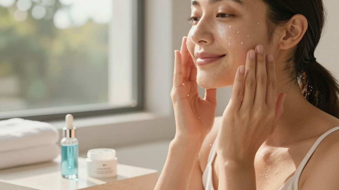 Woman applying moisturizer on her face near a window with skincare products on a table beside her.