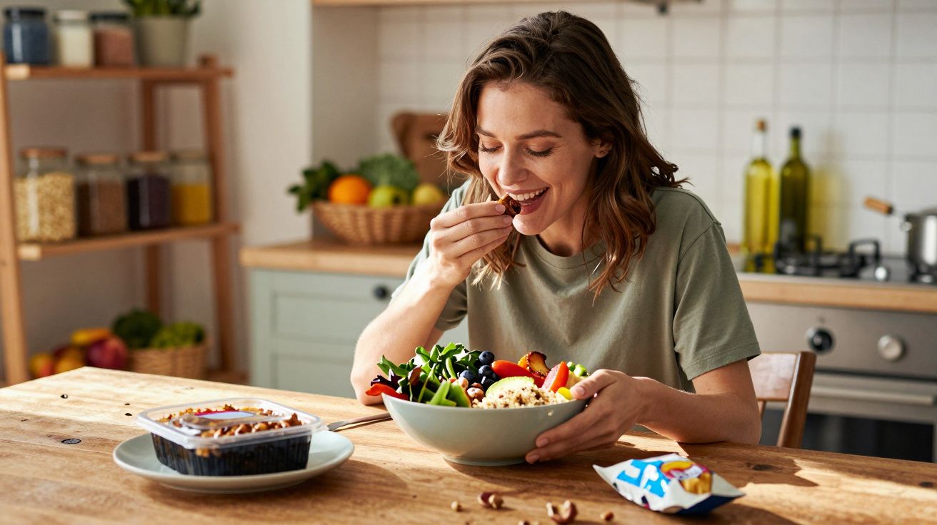 Woman eating fresh fruit and nut salad at wooden kitchen table with snacks and fruit basket nearby