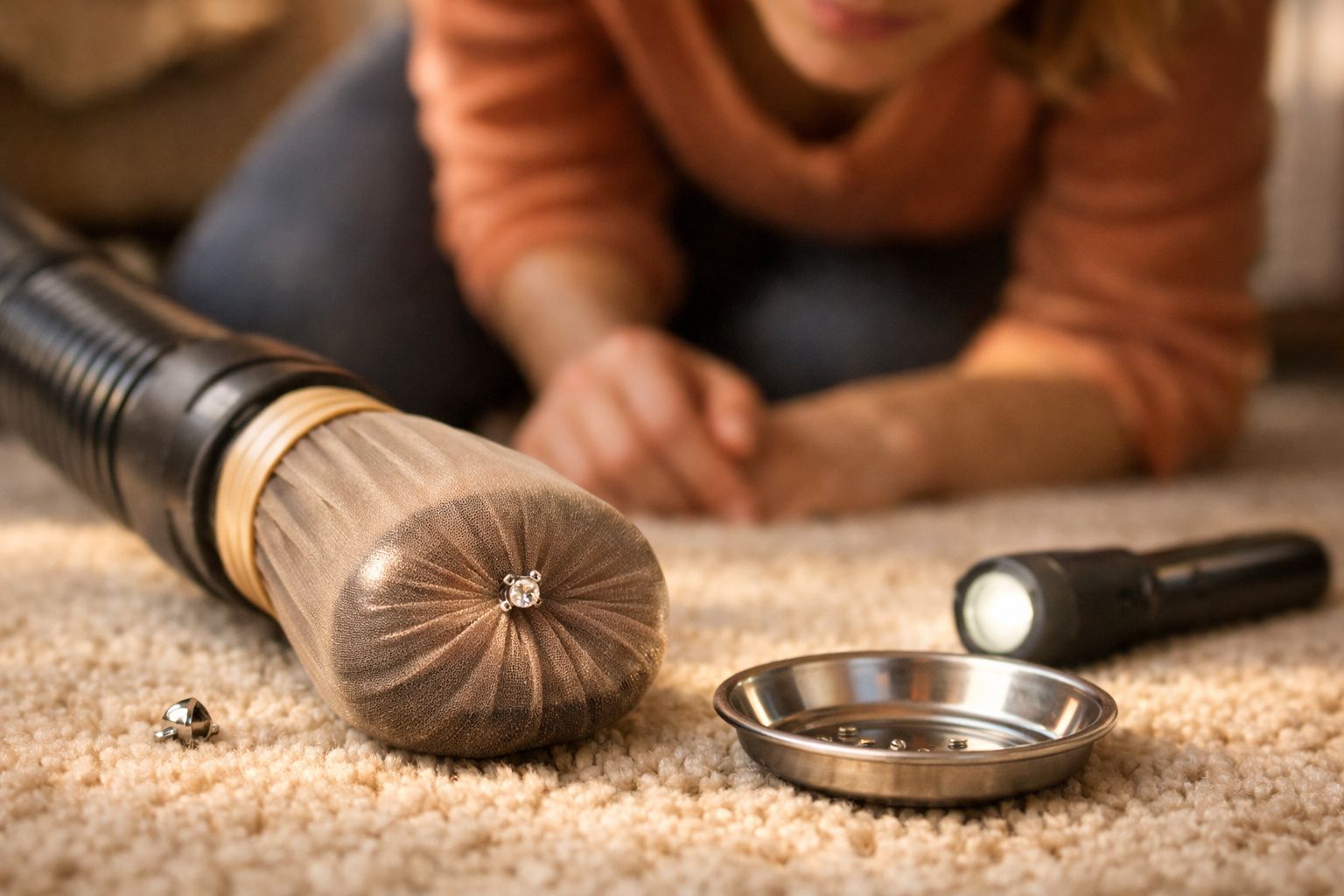 Close-up of a padded baton with a ring on its end, a flashlight, and a small metal dish on carpeted floor.