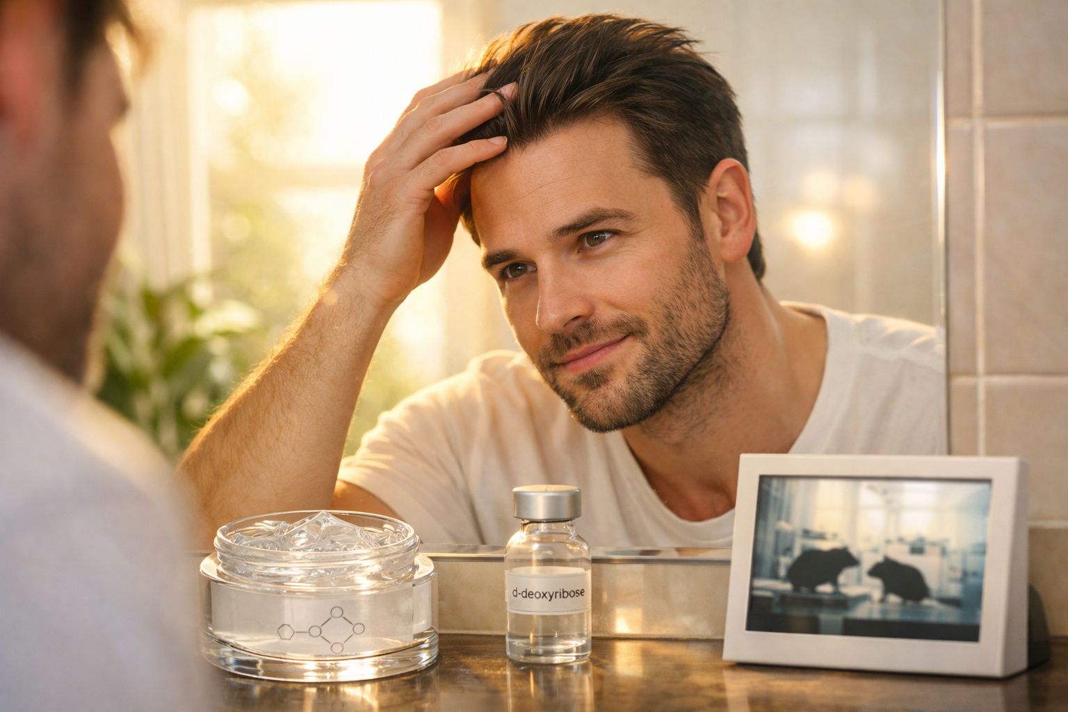 Man checking his hair in the mirror with a bottle labelled d-deoxyribose and a glass container on the counter.