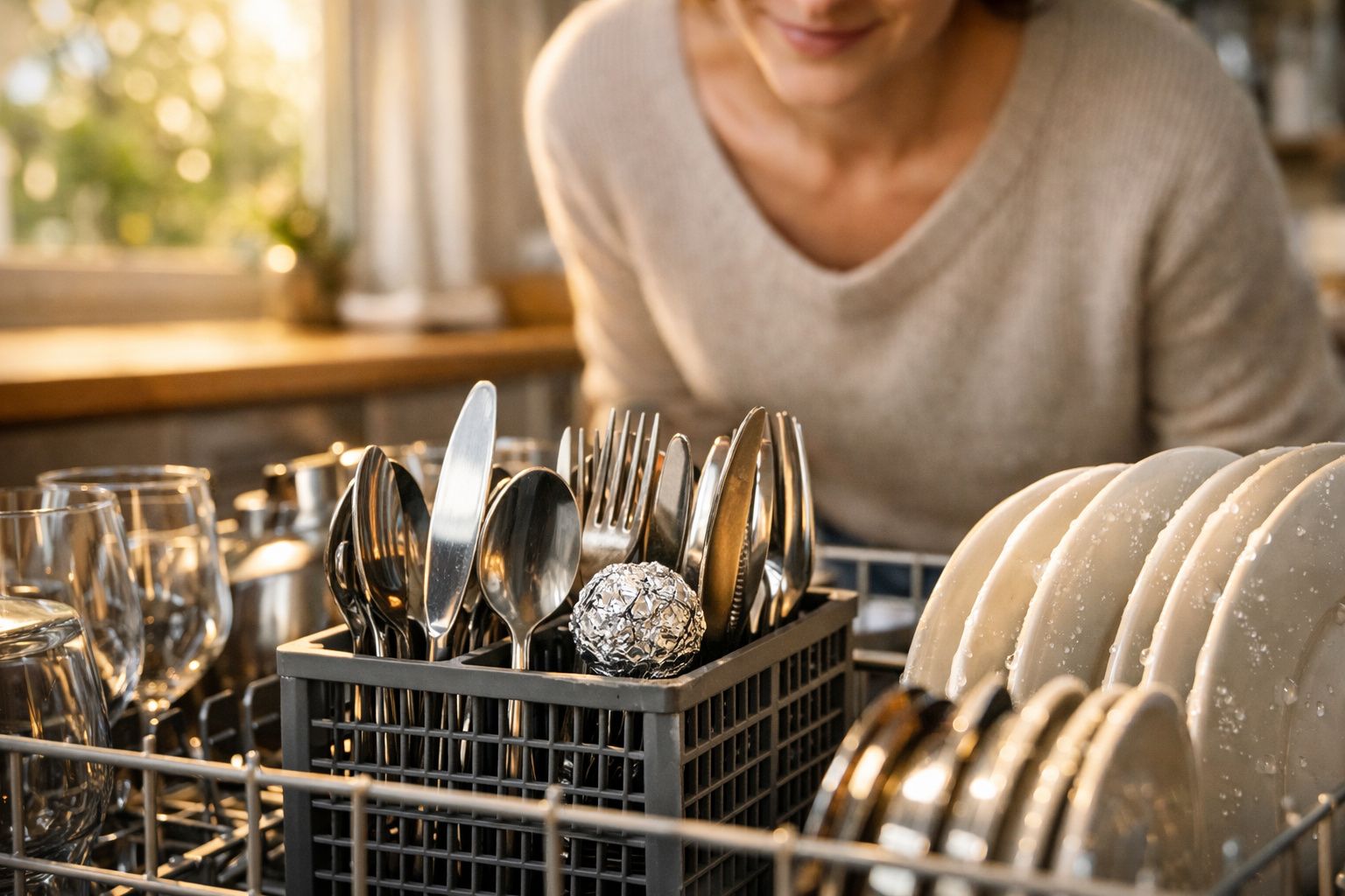 Cutlery and dishes drying in a dishwasher with a person in the background in a home kitchen.