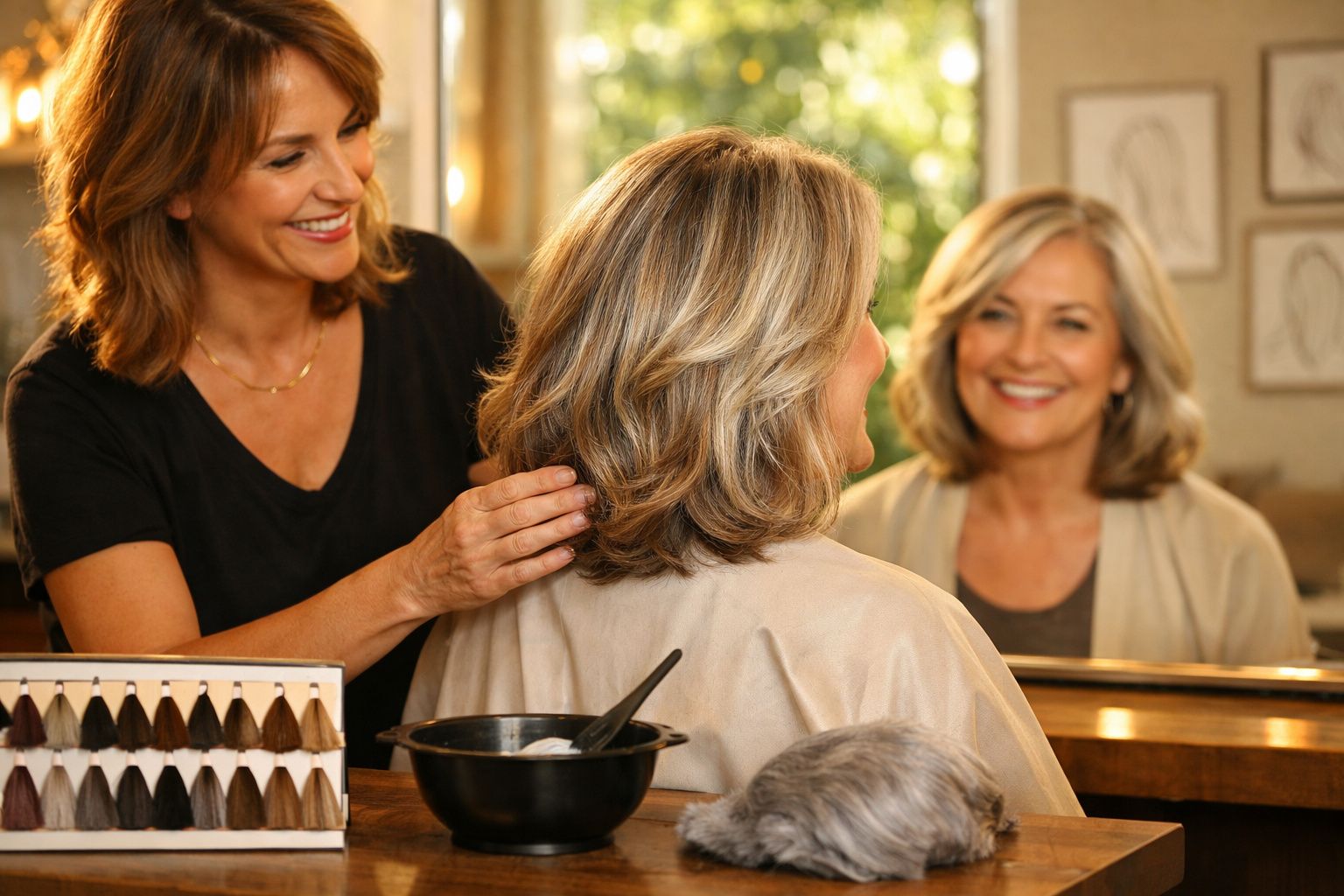 Hairdresser styling a smiling woman's blonde hair in a salon with colour samples and mixing bowl nearby.