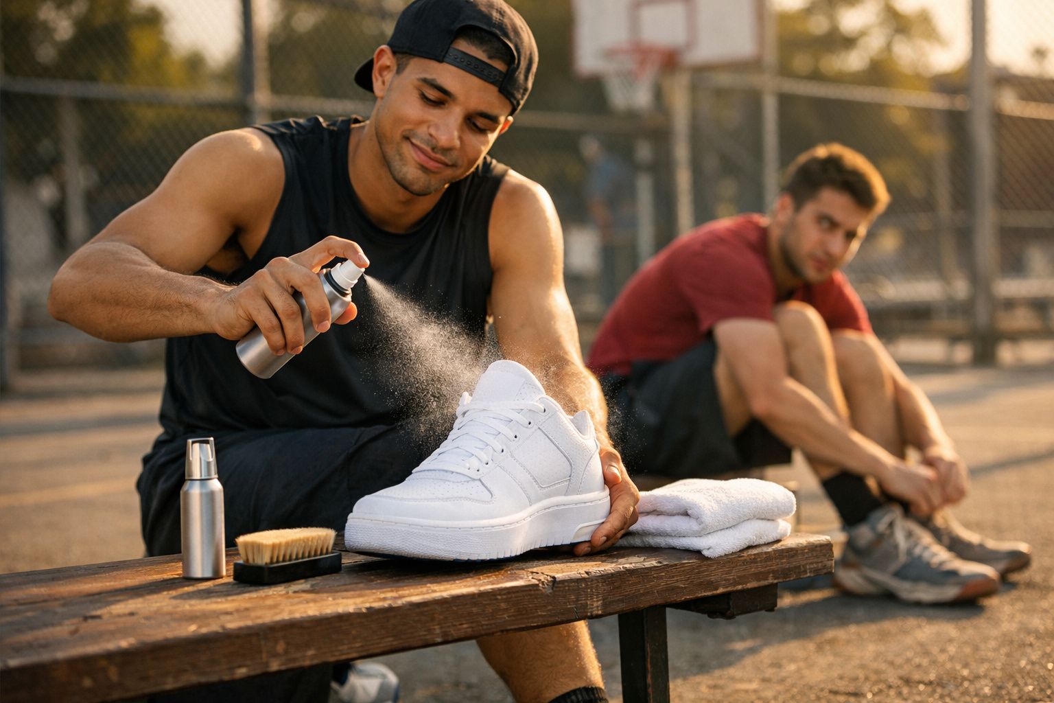 Man cleaning a white sneaker with spray and brush on a bench, another man tying his shoelaces in the background