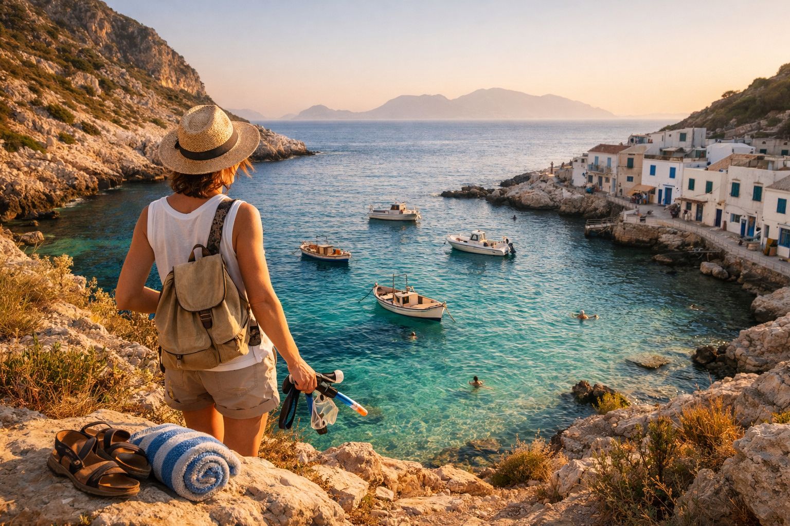 Person with backpack and hat overlooking a clear blue bay with boats, swimmers, and coastal village at sunset.