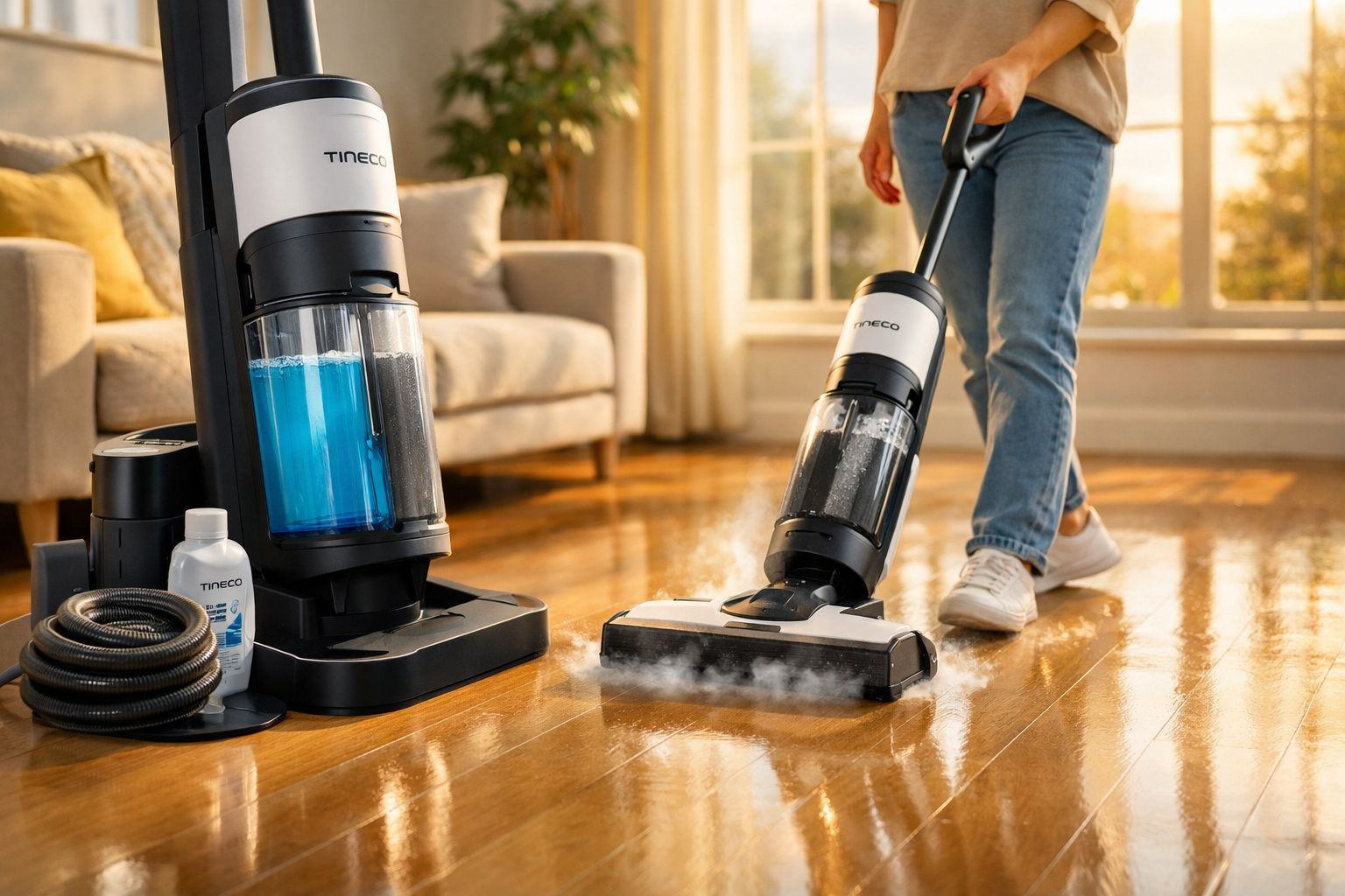 Person using a Tineco steam mop on a shiny wooden floor in a sunlit living room.