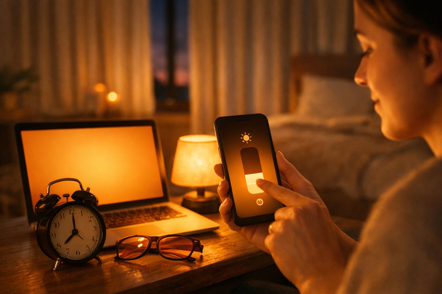 Person adjusting smart light brightness on phone in a warmly lit bedroom with a laptop and clock.