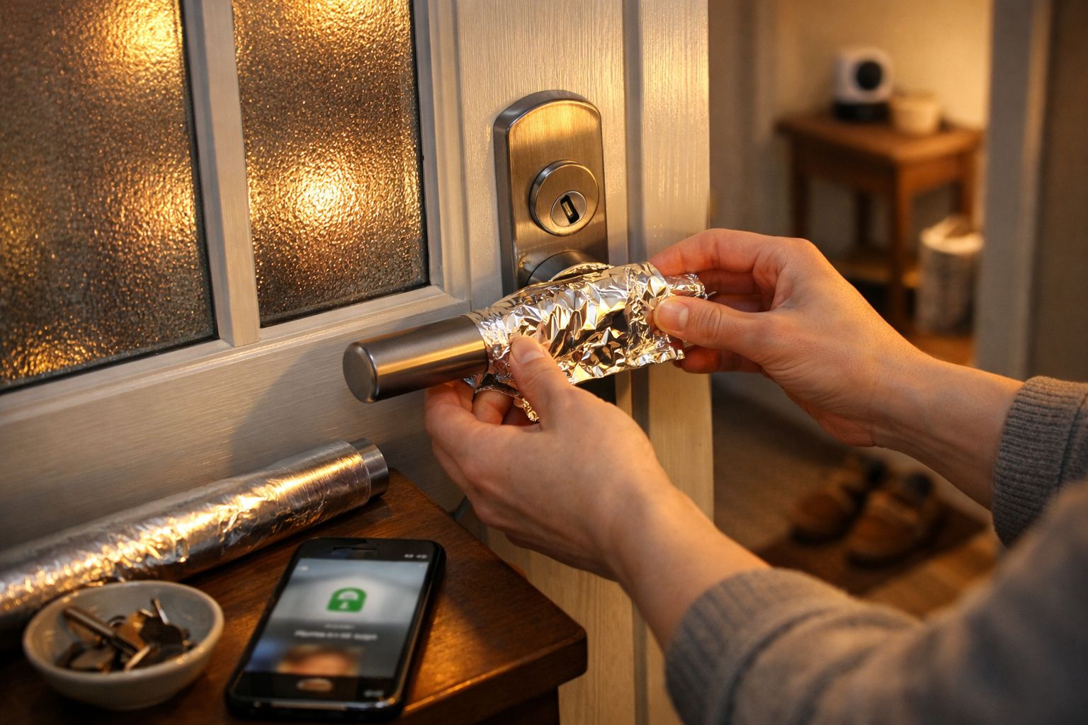Person wrapping a door handle with aluminium foil indoors at dusk, next to keys and a smartphone showing a locked screen.