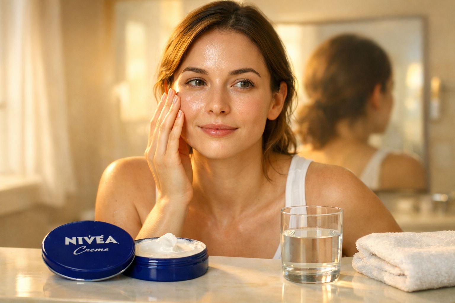 Young woman applying NIVEA face cream in bright bathroom with glass of water and white towels nearby.