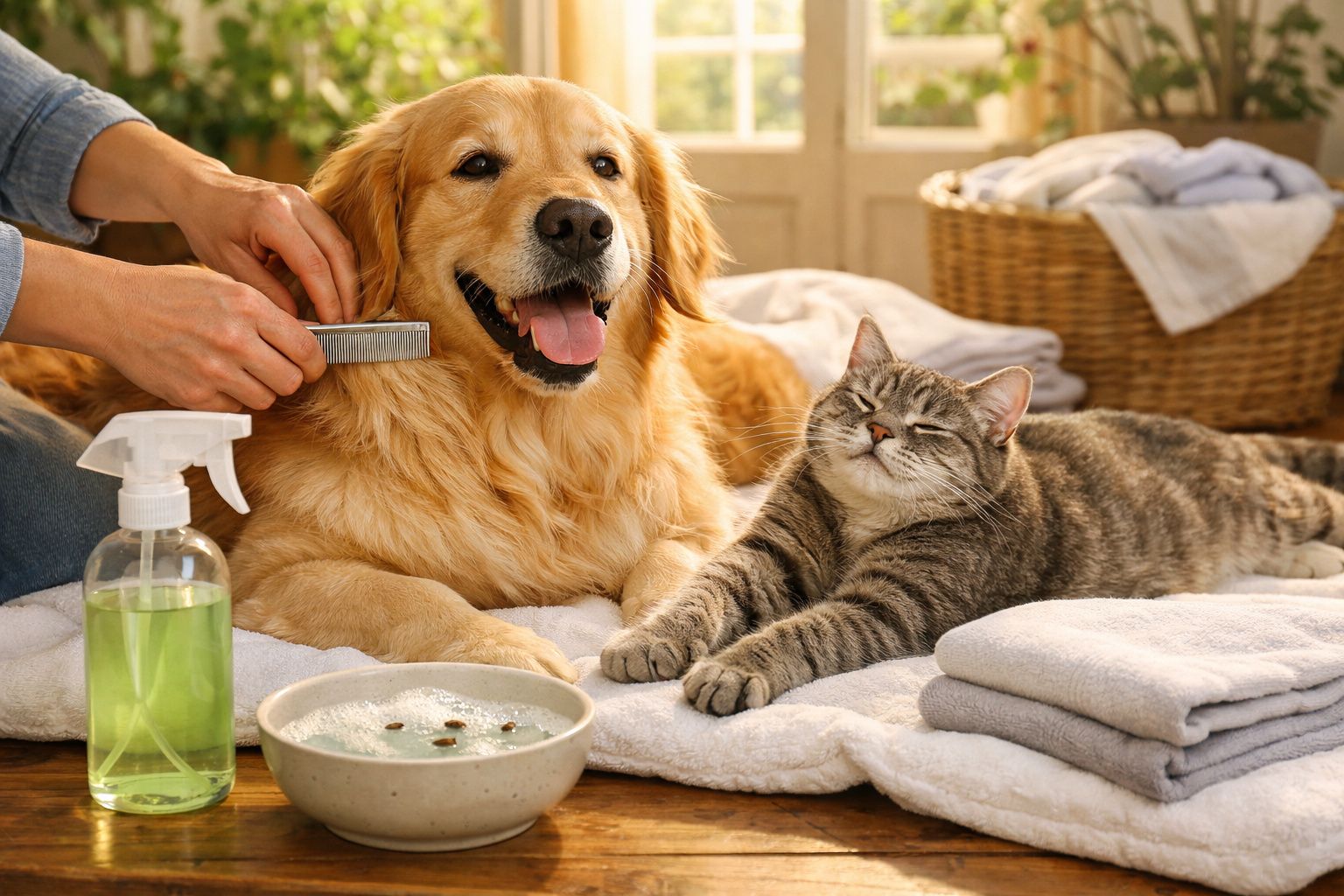 Golden retriever being groomed next to a relaxed tabby cat on a soft towel indoors.