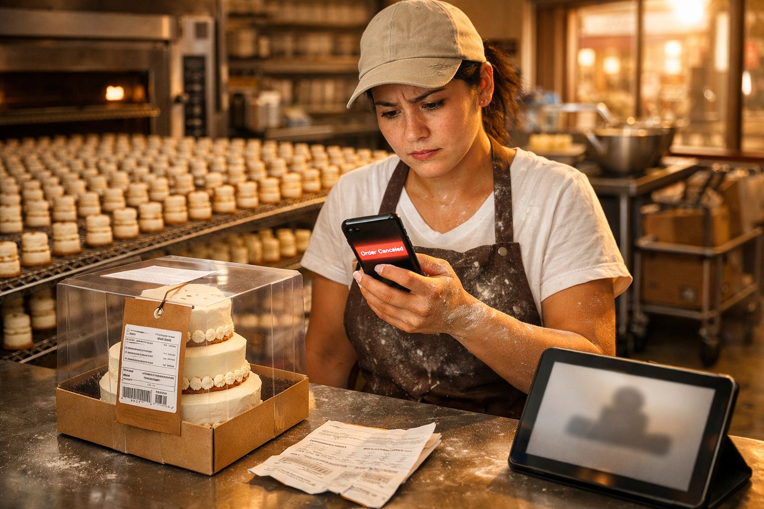 Baker in apron and cap checks phone showing "Order Cancelled" beside a boxed white tiered cake in bakery.