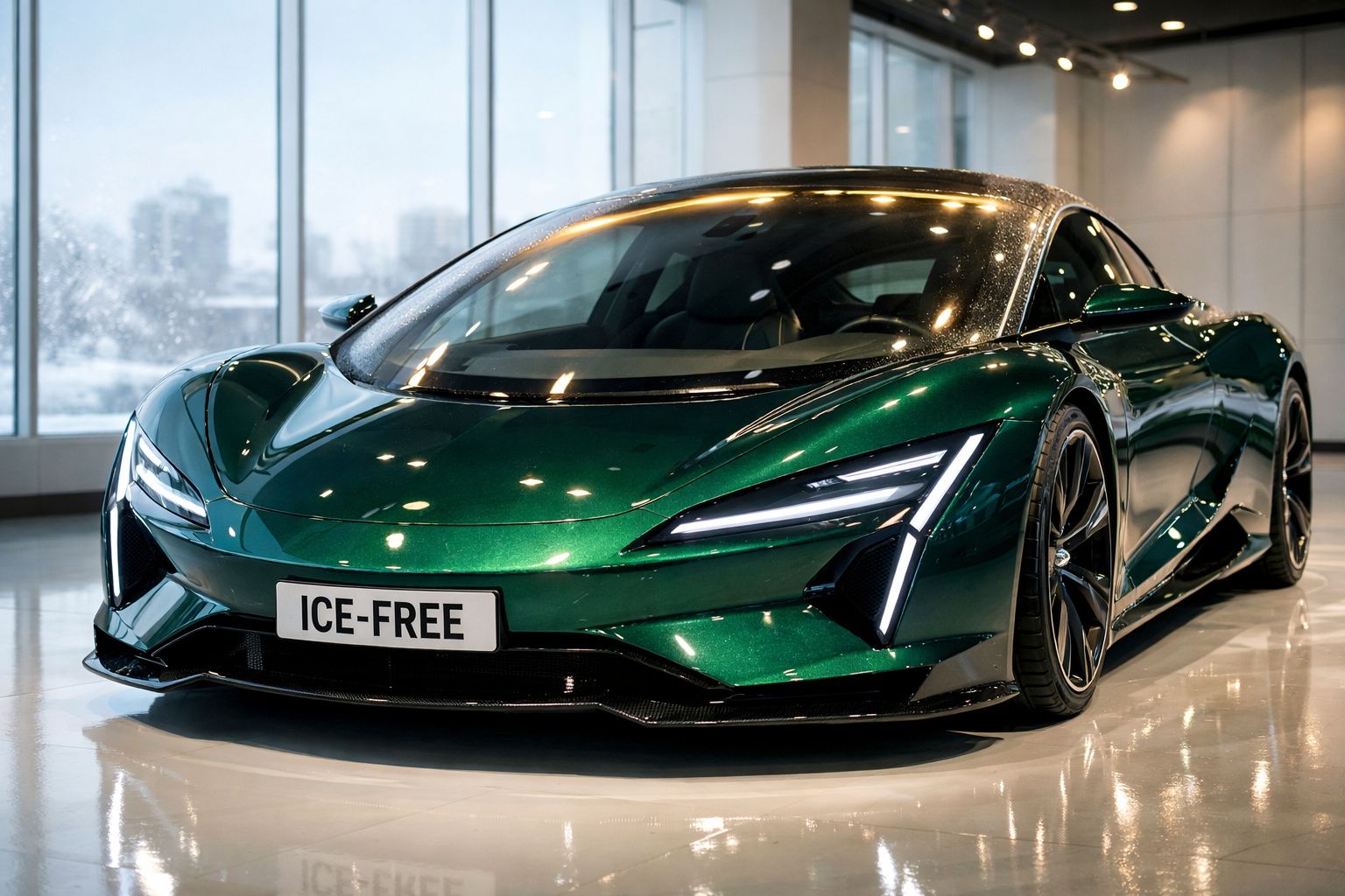 Sleek dark green sports car with futuristic LED headlights displayed indoors with ICE-FREE licence plate.