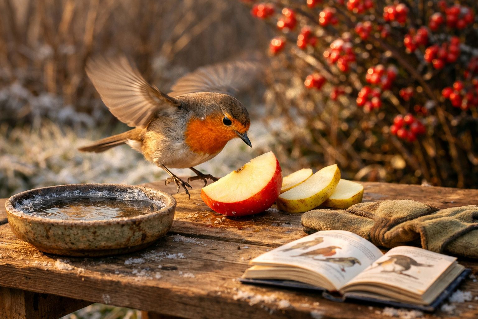 Robin bird with outstretched wings perched near apple slices on a wooden table with bird book and gloves nearby