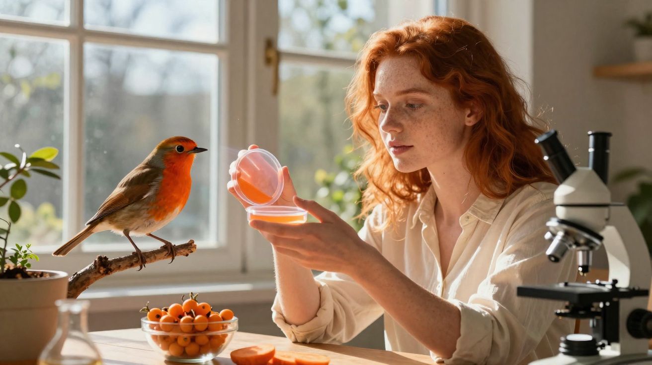 Young woman examining orange petri dish near robin on branch and microscope in sunlit room