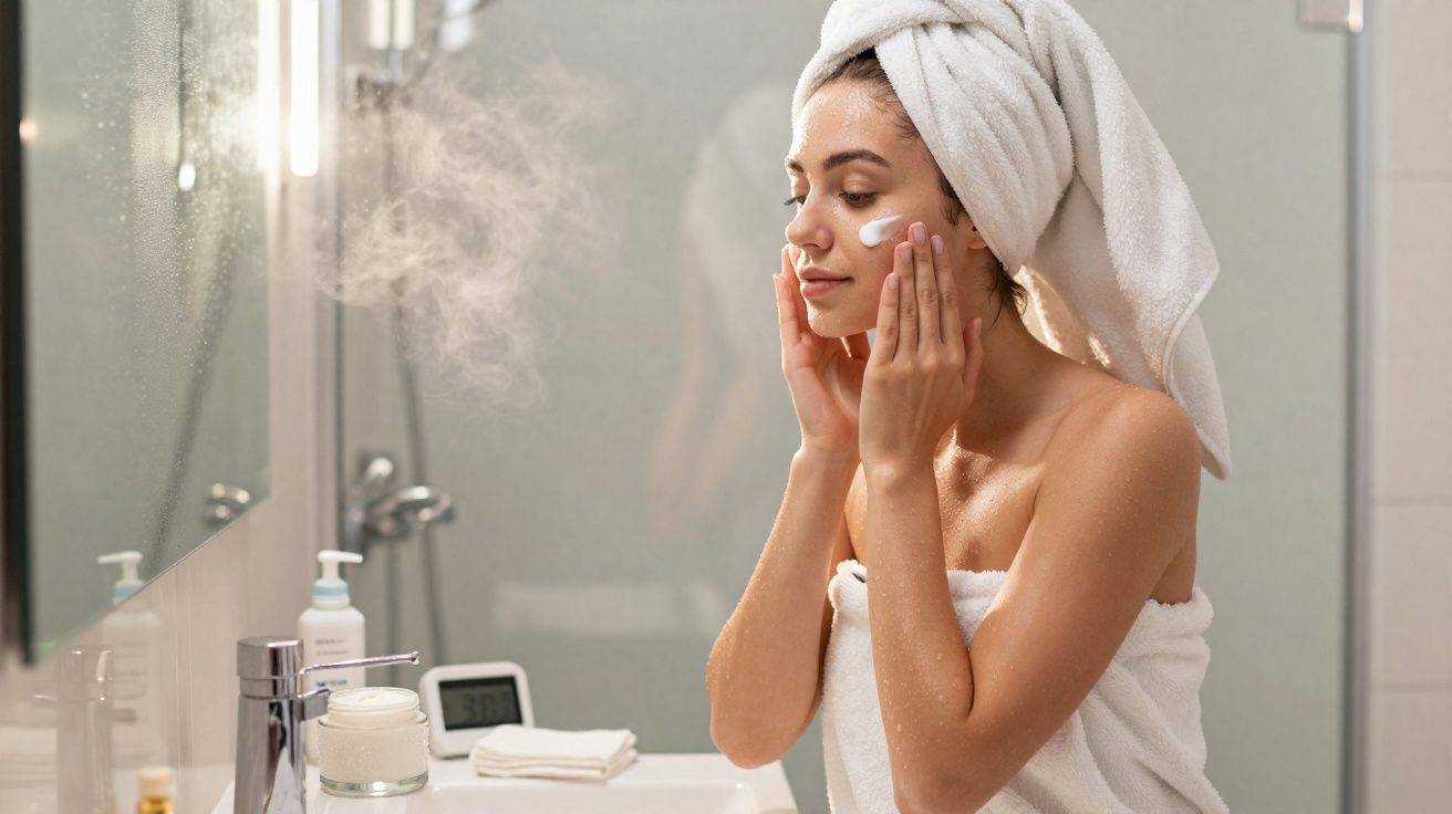 Woman with a towel wrapped around her head applying cream to her face in a steamy bathroom.