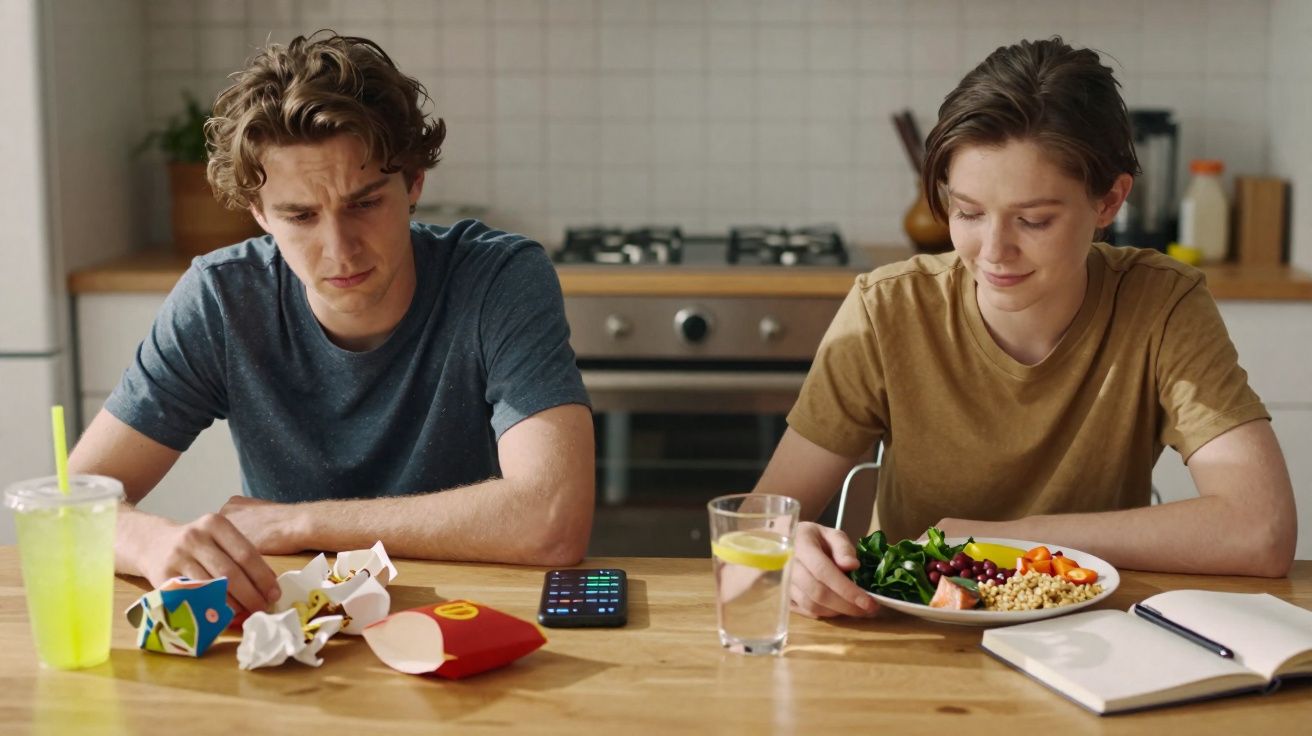Two young men sit at a table in a kitchen with different meals; one has fast food, the other a healthy salad.