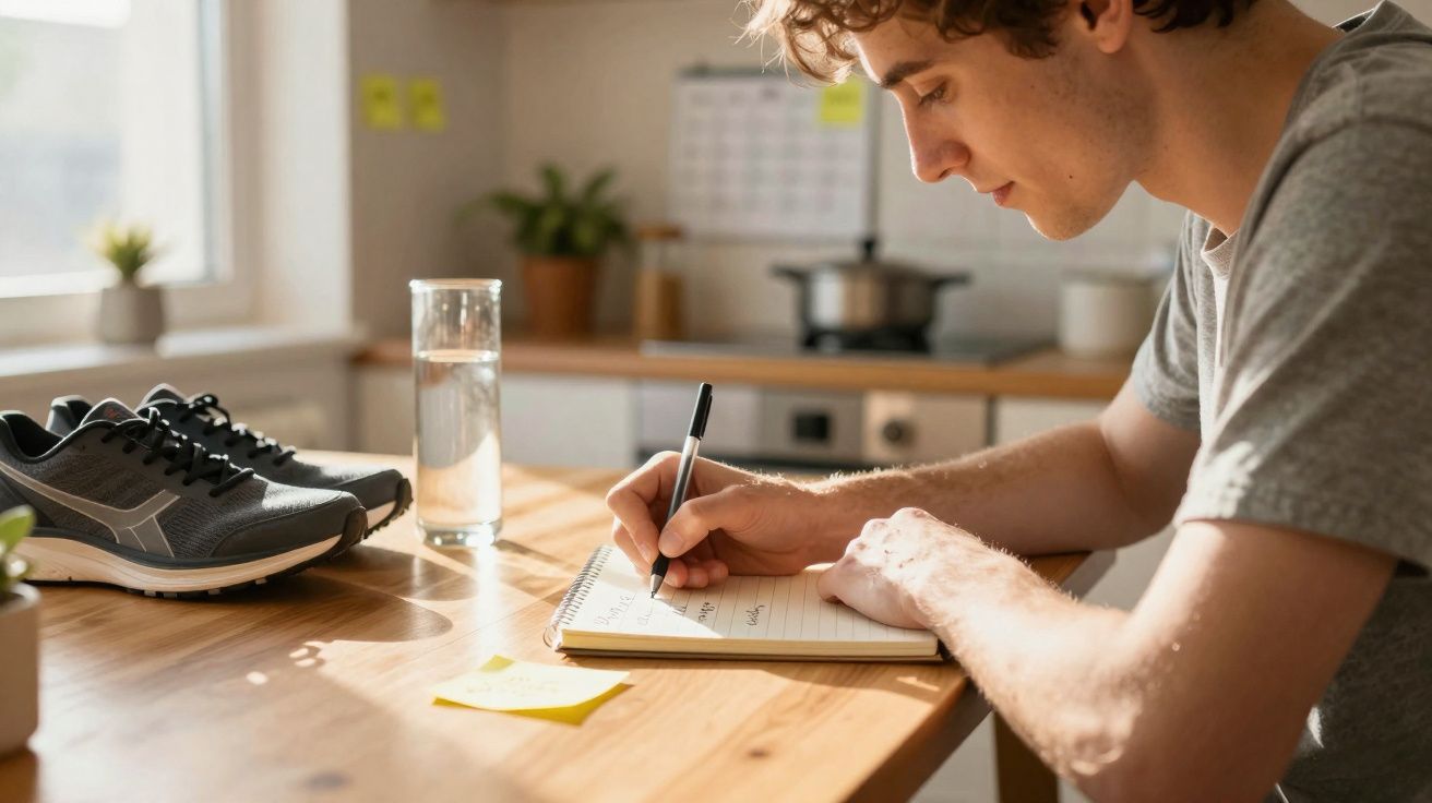 Young man writing in a notebook at a kitchen table with running shoes and a glass of water nearby