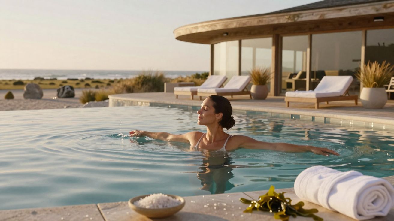 Woman relaxing in outdoor pool at luxury beachside resort during sunset with towels and sea salt nearby.