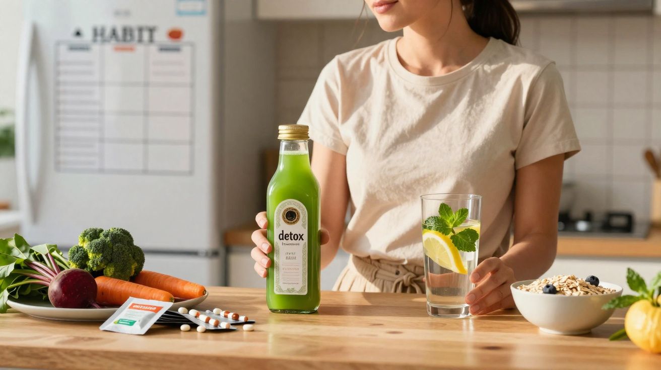 Woman holding a green detox juice bottle and a glass of lemon mint water in a kitchen with healthy foods on the table.