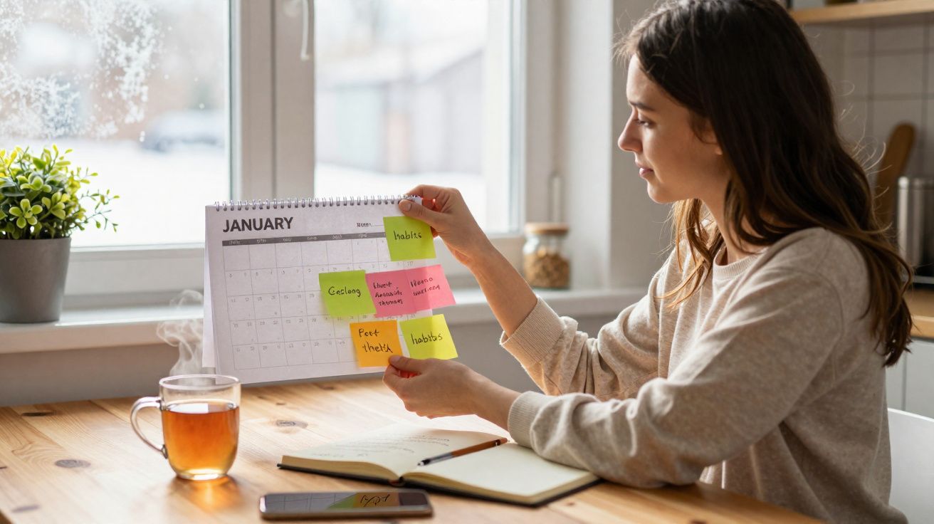 Woman sitting at a table by a window holding a January calendar with colourful sticky notes attached.