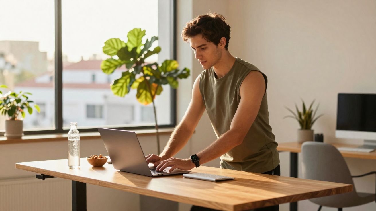 Young man in sleeveless top standing and working on laptop at wooden table in bright room with plants.