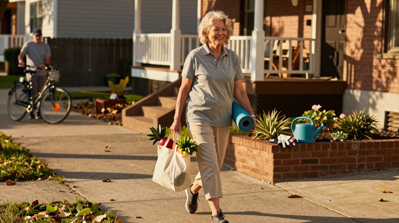 Older woman happily walking with plants and a yoga mat on a sunny suburban sidewalk in autumn.