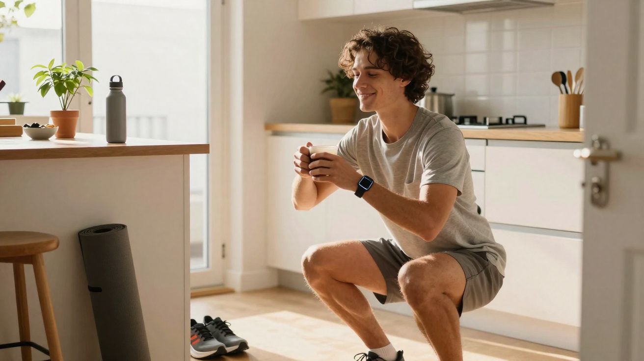 Young man in gym wear squats and holds a cup in a bright kitchen with indoor plants and workout items nearby.
