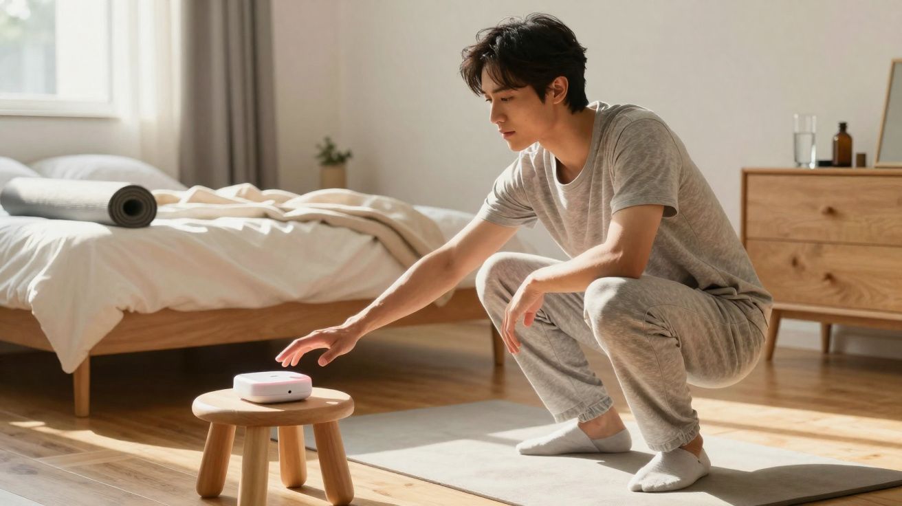Young man in grey loungewear squatting on a yoga mat, reaching for a small device on a wooden stool in a bedroom.